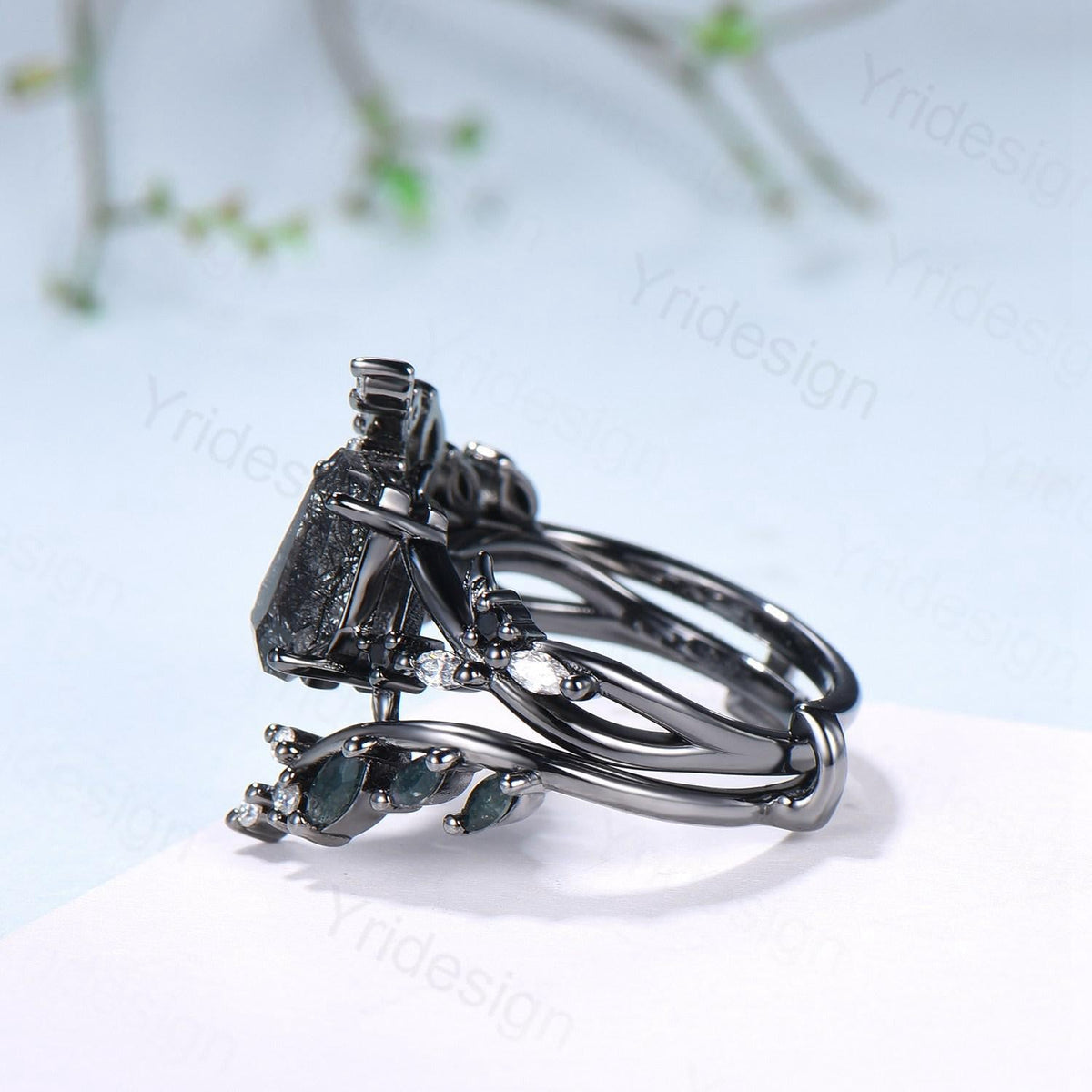 Gothic coffin cut black rutilated quartz engagement ring set black gold cluster engagement ring leaf vine nature inspired agate wedding set