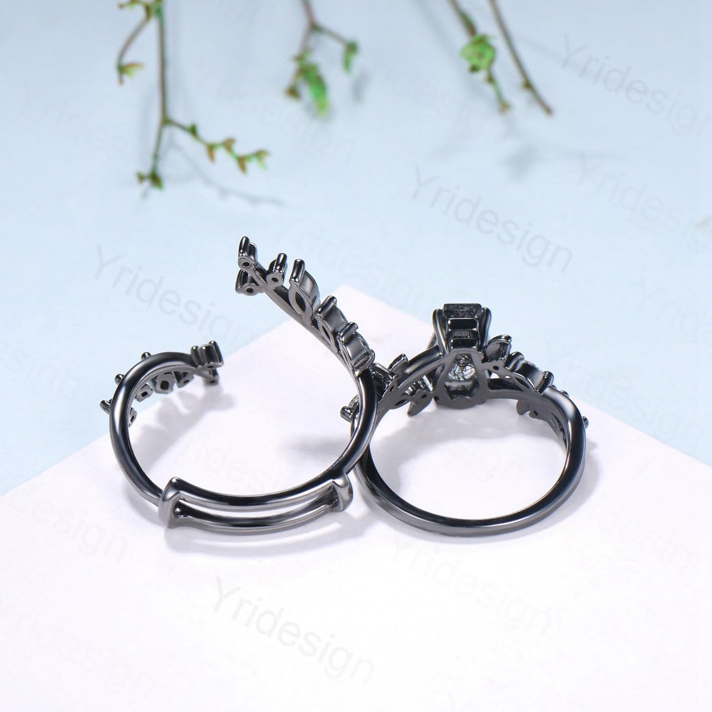 Gothic coffin cut black rutilated quartz engagement ring set black gold cluster engagement ring leaf vine nature inspired agate wedding set