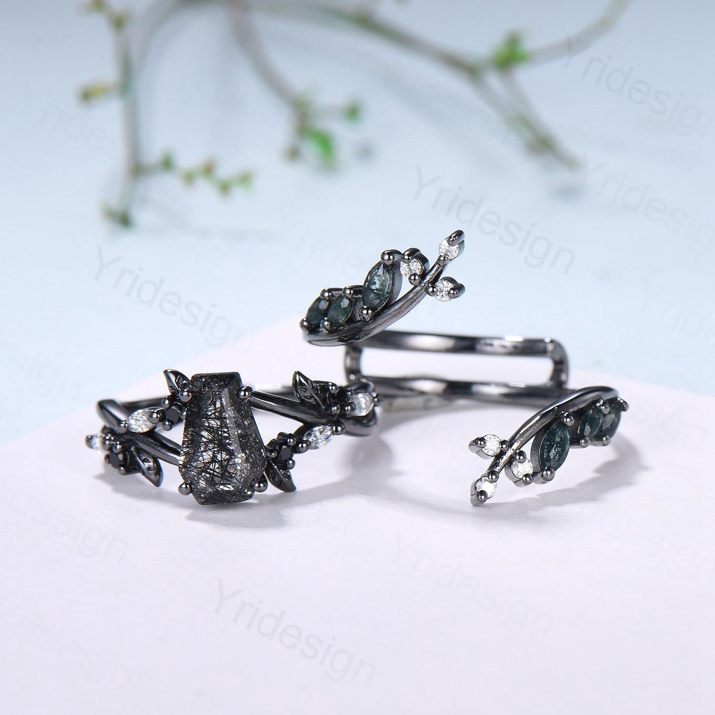 Gothic coffin cut black rutilated quartz engagement ring set black gold cluster engagement ring leaf vine nature inspired agate wedding set