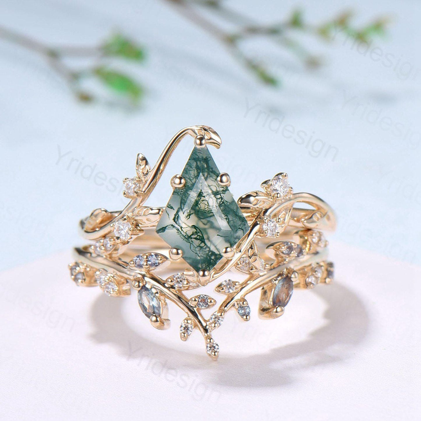 Willow Kite Cut Moss Agate Engagement Ring Set | Leaf Vine Alexandrite Bridal Set 2pcs