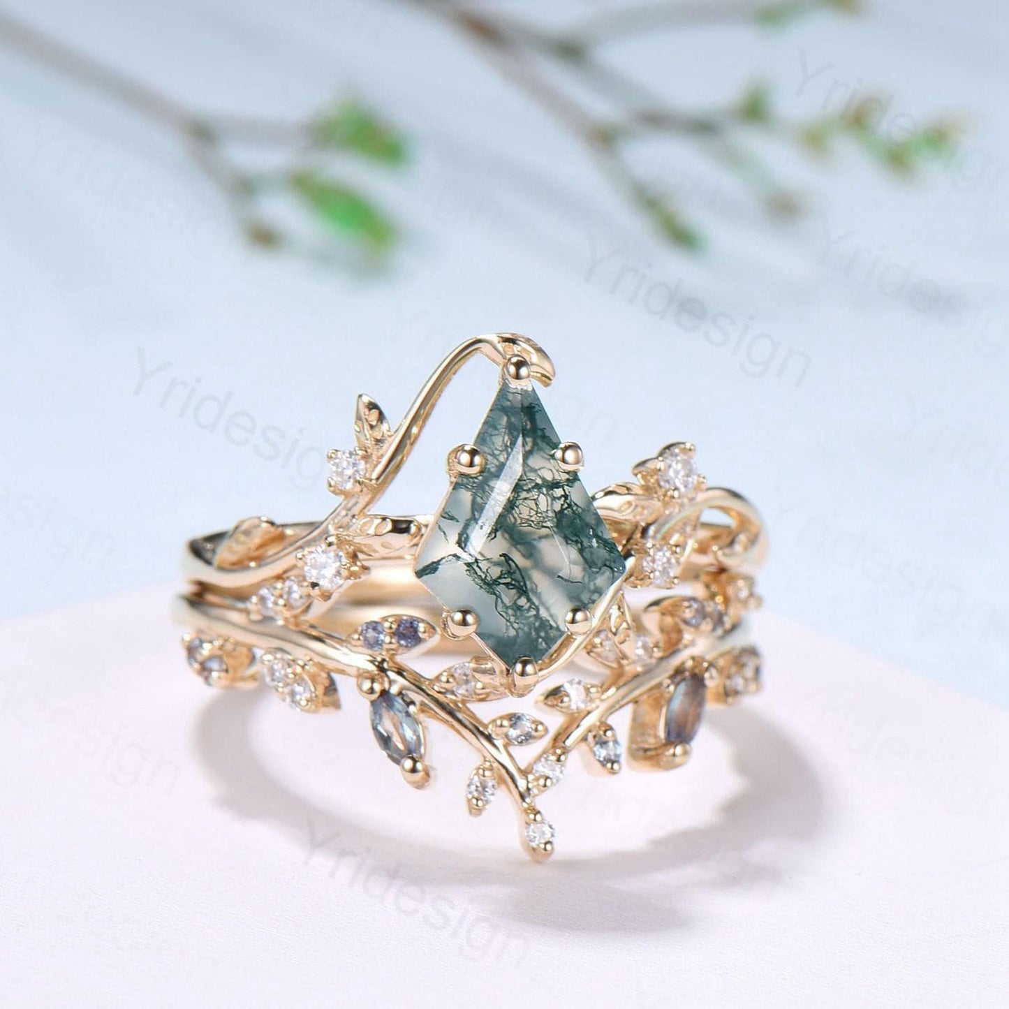 Willow Kite Cut Moss Agate Engagement Ring Set | Leaf Vine Alexandrite Bridal Set 2pcs