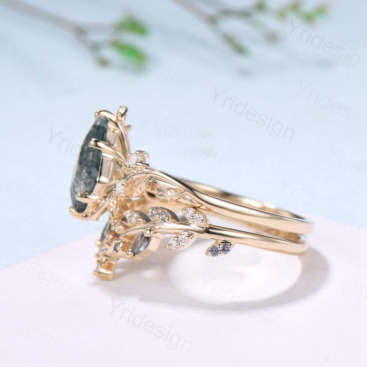 Willow Kite Cut Moss Agate Engagement Ring Set | Leaf Vine Alexandrite Bridal Set 2pcs