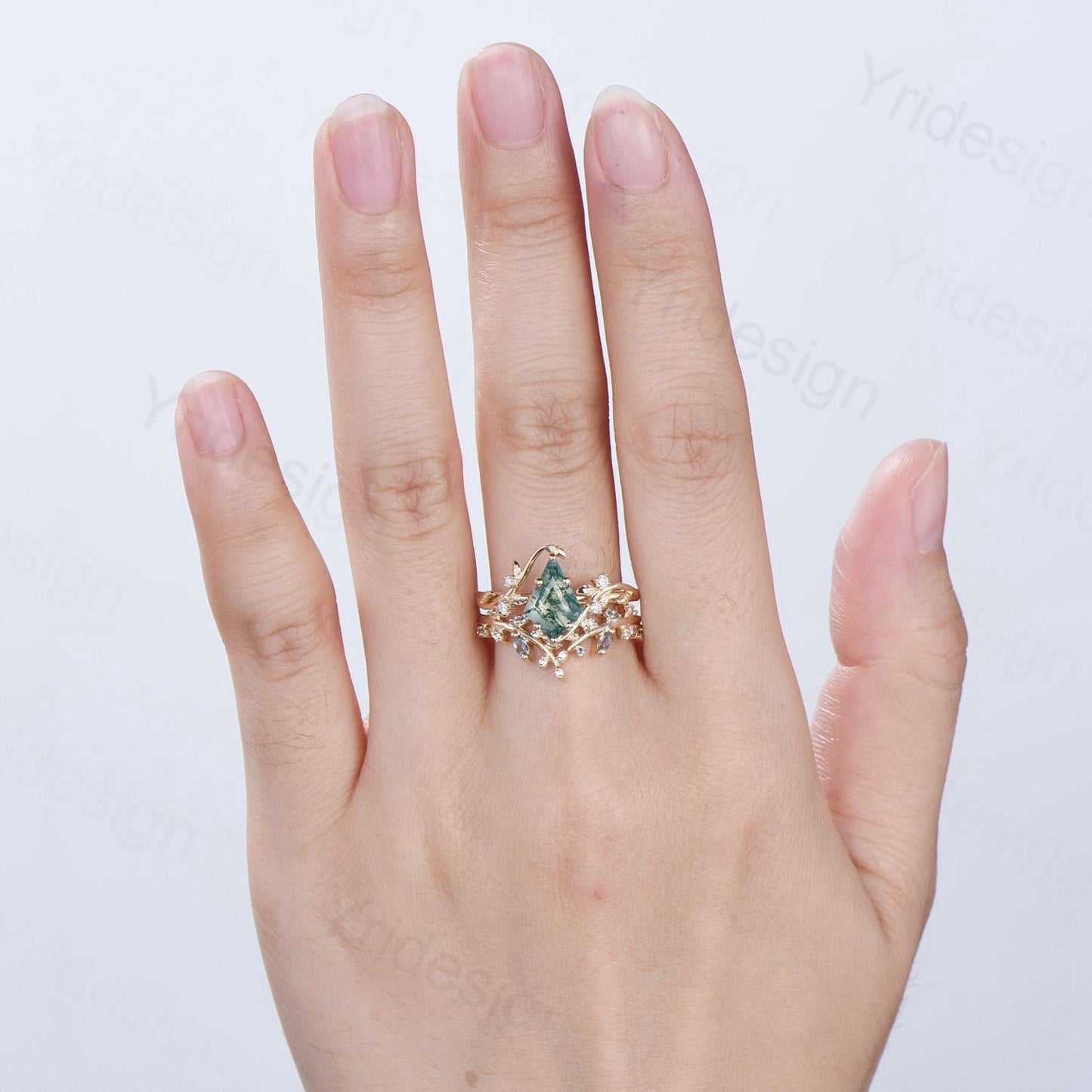 Willow Kite Cut Moss Agate Engagement Ring Set | Leaf Vine Alexandrite Bridal Set 2pcs