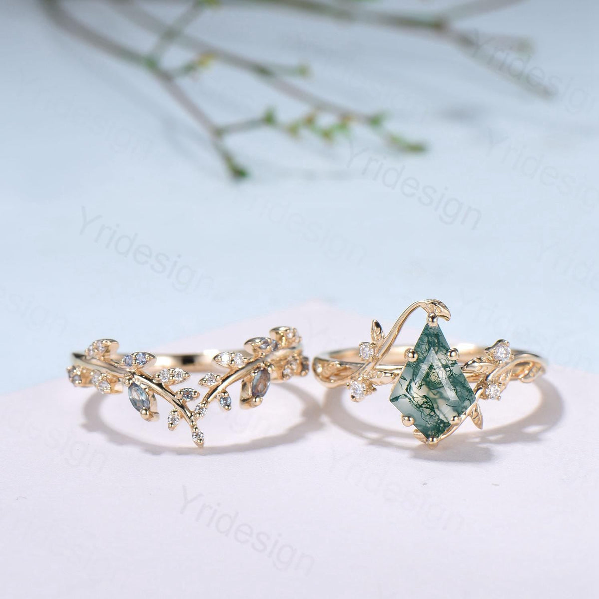 Willow Kite Cut Moss Agate Engagement Ring Set | Leaf Vine Alexandrite Bridal Set 2pcs