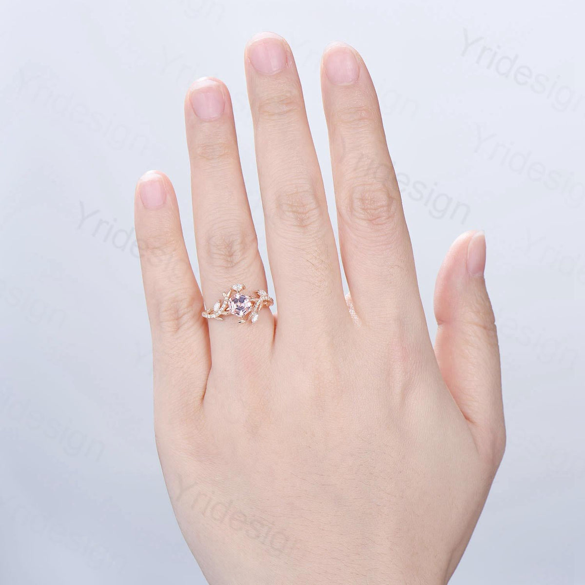 Leaf Vine Hexagon  Cut Pink Sapphire Engagement Ring, Twig Branch Nature Inspired Pink Gemstone Rose Gold Promise Ring