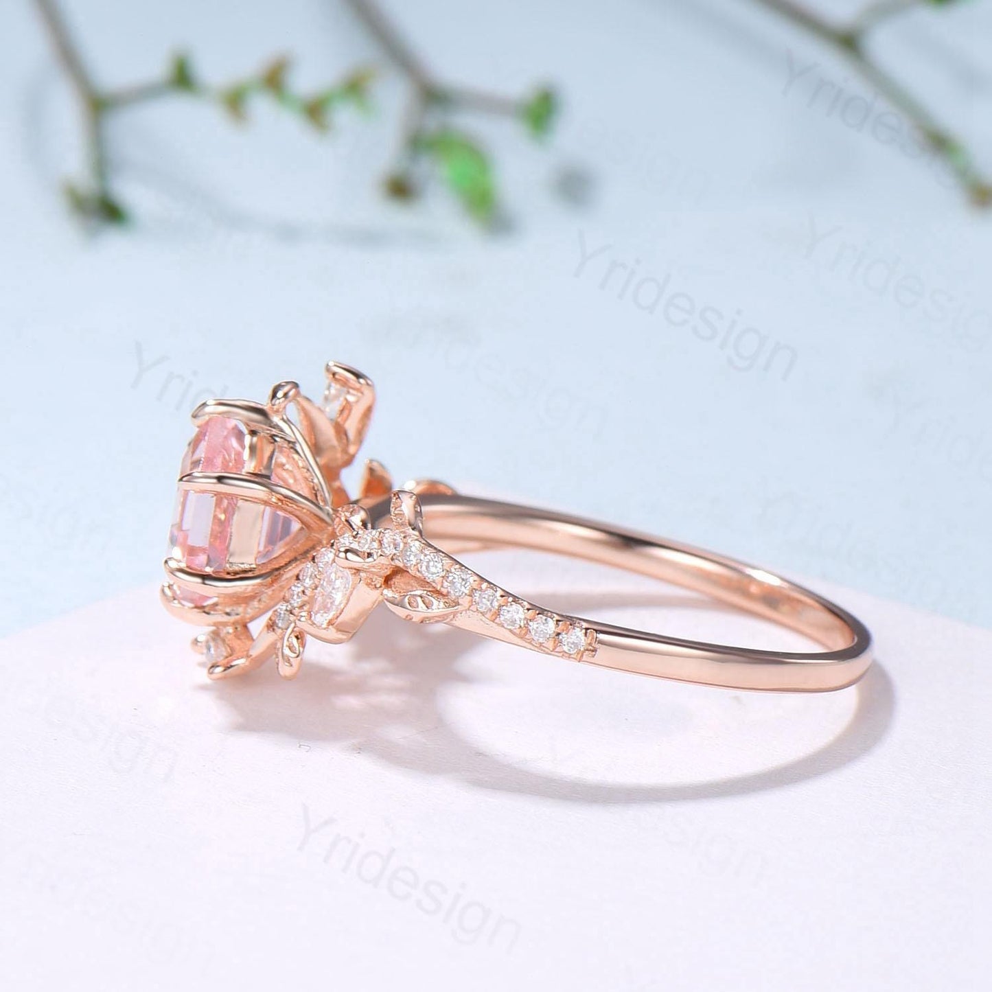 Leaf Vine Hexagon  Cut Pink Sapphire Engagement Ring, Twig Branch Nature Inspired Pink Gemstone Rose Gold Promise Ring