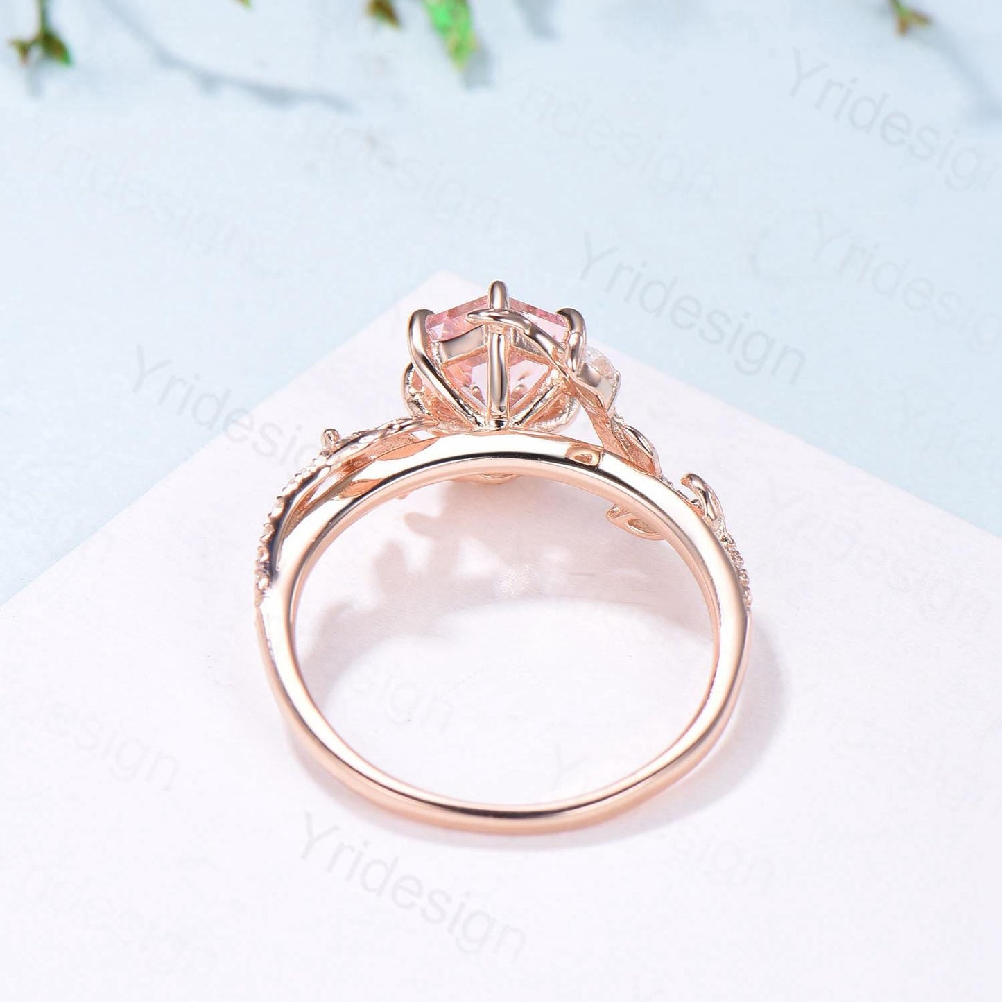 Leaf Vine Hexagon  Cut Pink Sapphire Engagement Ring, Twig Branch Nature Inspired Pink Gemstone Rose Gold Promise Ring