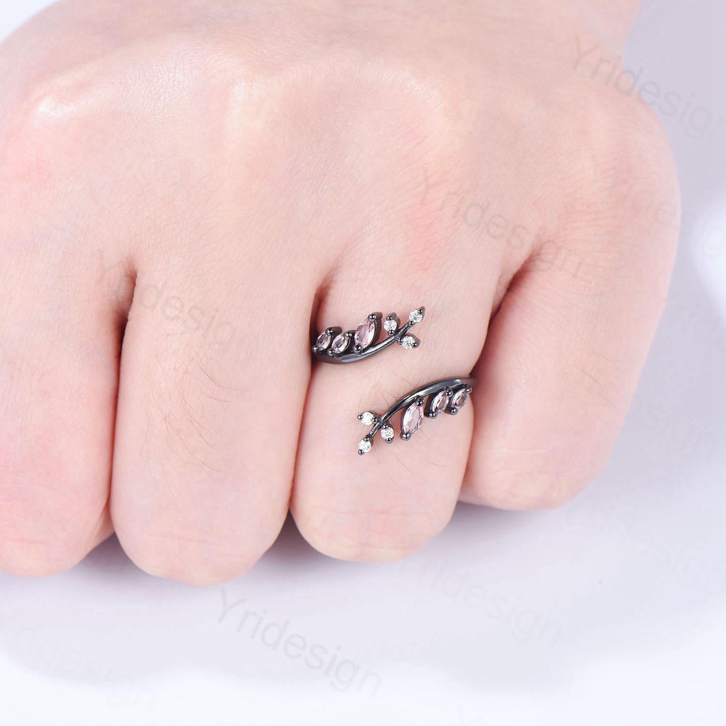 Black Gold Marquise Cut Pink Sapphire Enhancer Wedding Band, Nature Inspired Gothic Branch Ring