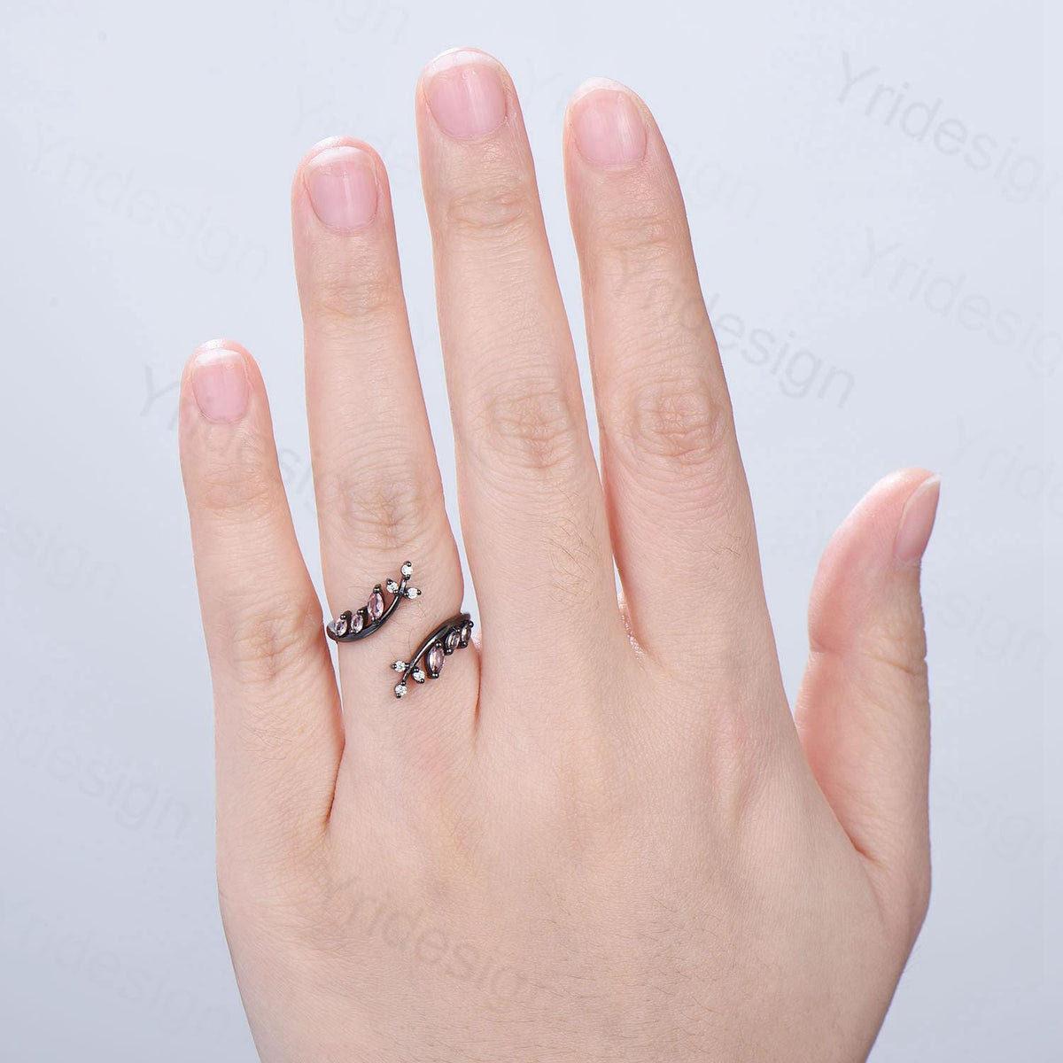 Black Gold Marquise Cut Pink Sapphire Enhancer Wedding Band, Nature Inspired Gothic Branch Ring