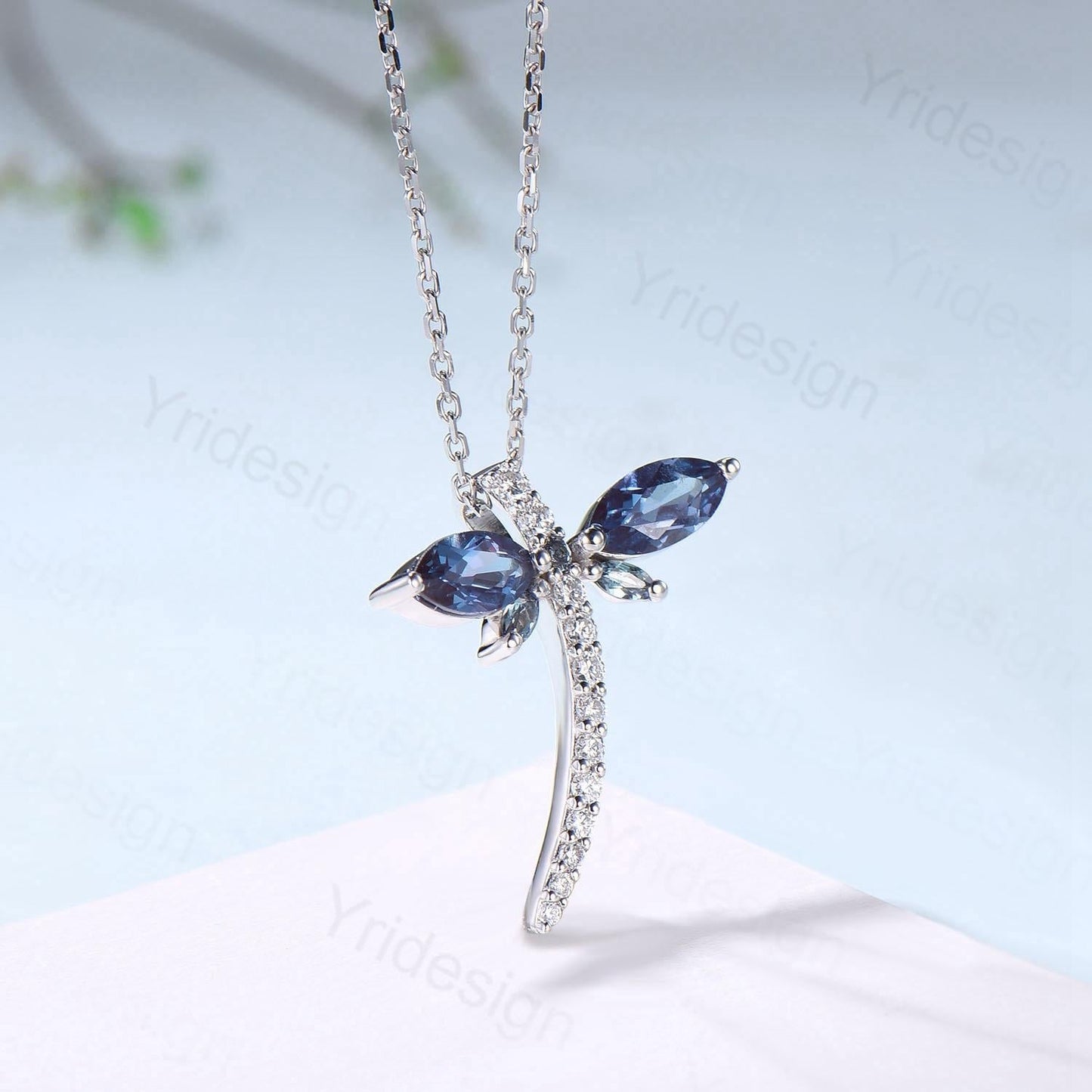 Alexandrite Dragonfly Necklace with Moissanite Diamonds - Dainty Iridescent Insect Jewelry for Women, Delicate Nature-Inspired Pendant Gift