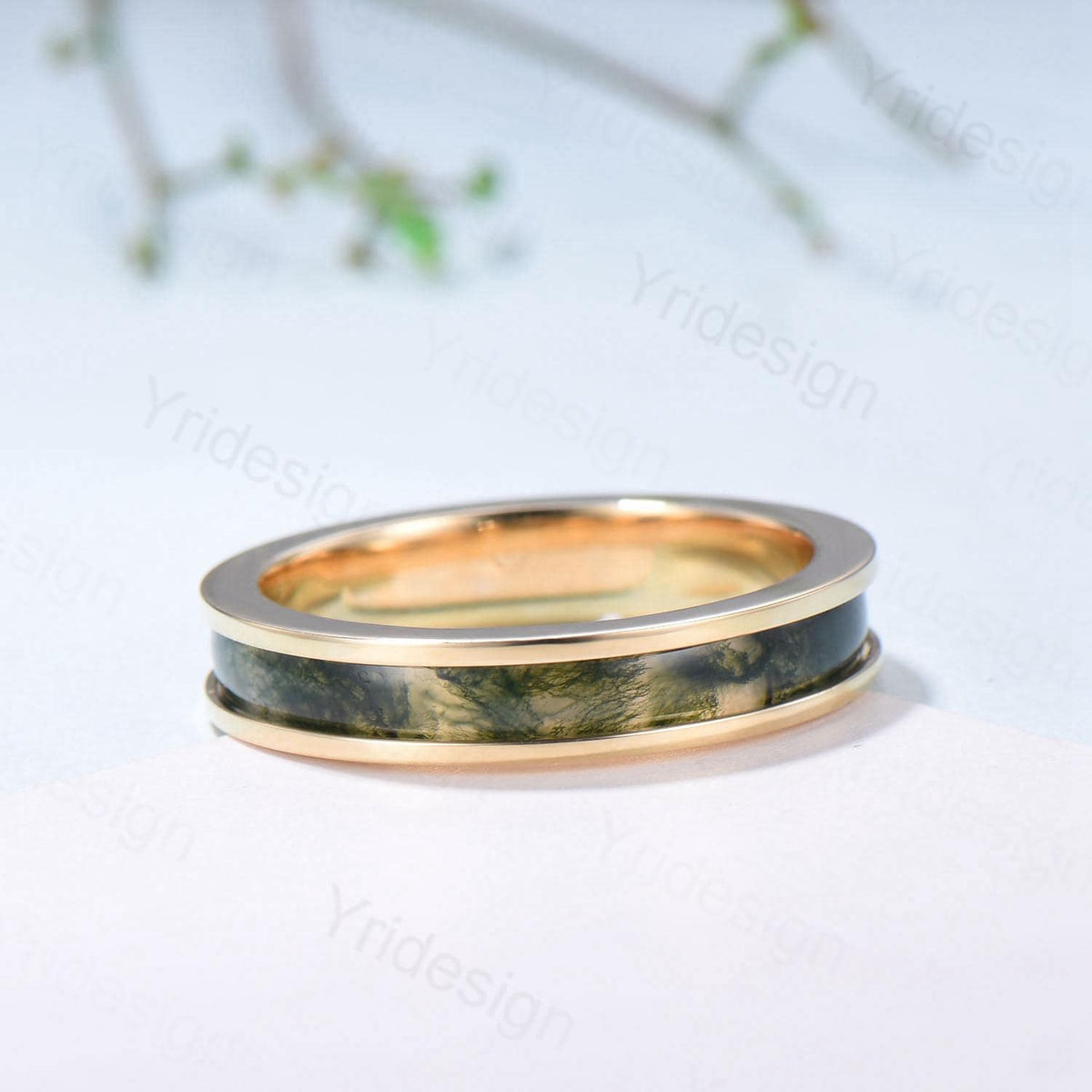Men¡¯s 4.5mm Moss Agate Wedding Band Yellow Gold- Full Eternity Forest Jewelry, Dainty Stackable Anniversary Ring