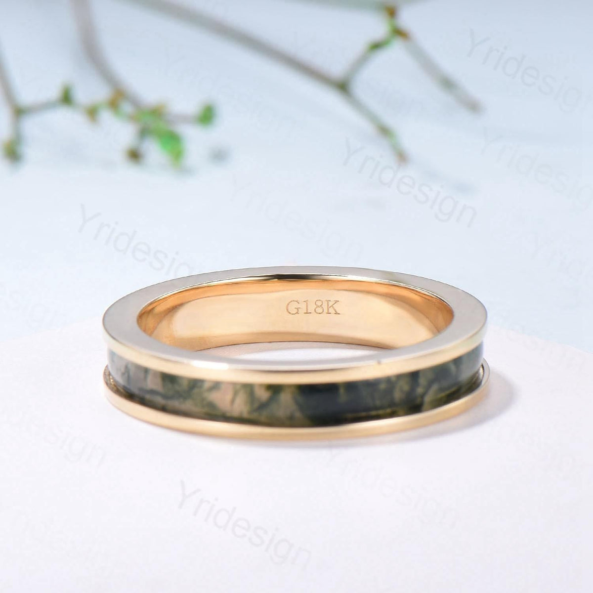 Men¡¯s 4.5mm Moss Agate Wedding Band Yellow Gold- Full Eternity Forest Jewelry, Dainty Stackable Anniversary Ring