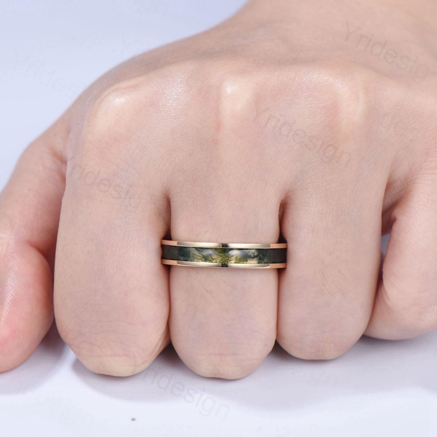 Men¡¯s 4.5mm Moss Agate Wedding Band Yellow Gold- Full Eternity Forest Jewelry, Dainty Stackable Anniversary Ring