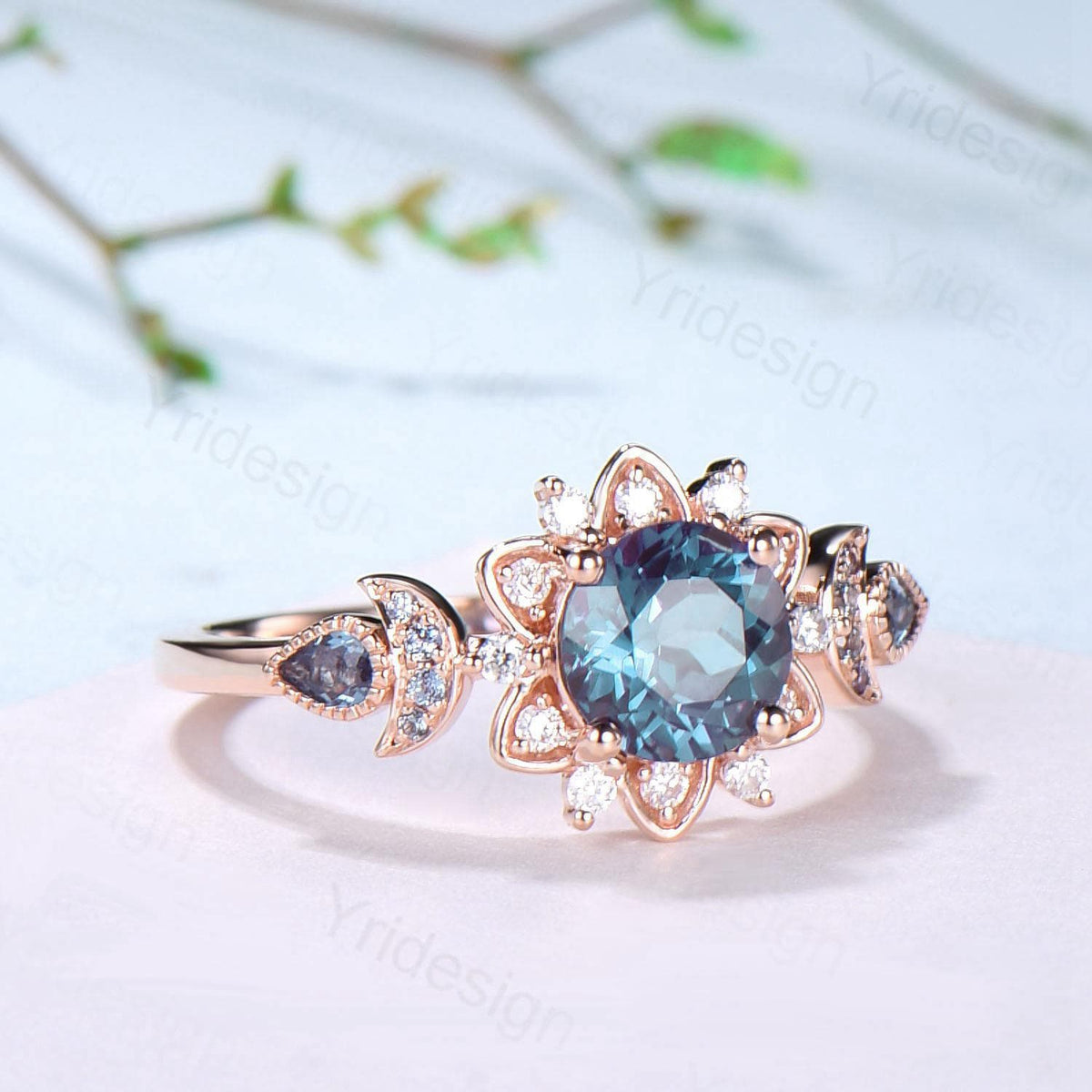 Floral Alexandrite Engagement Ring, Moissanite Diamond Lotus, Rose Gold