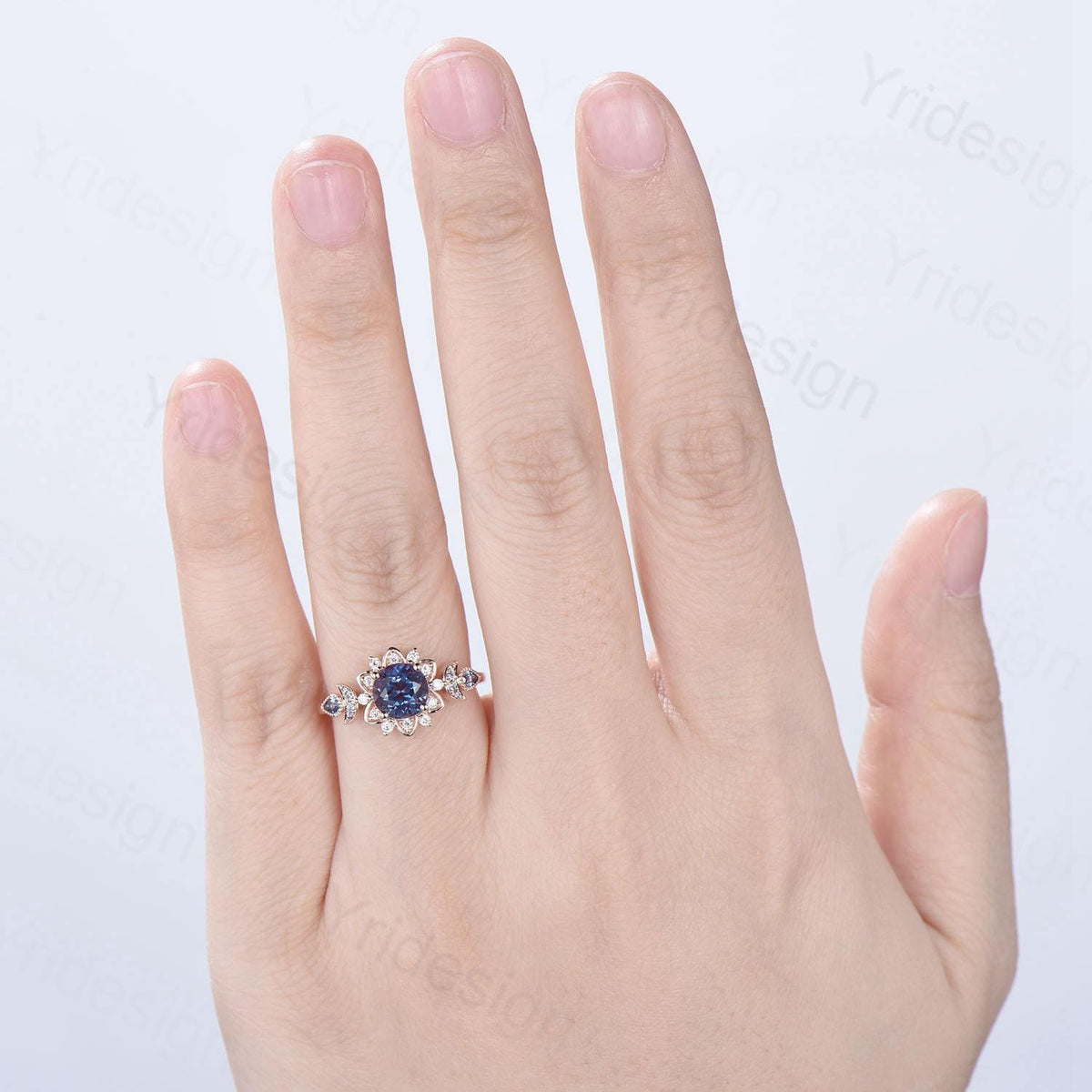 Floral Alexandrite Engagement Ring, Moissanite Diamond Lotus, Rose Gold