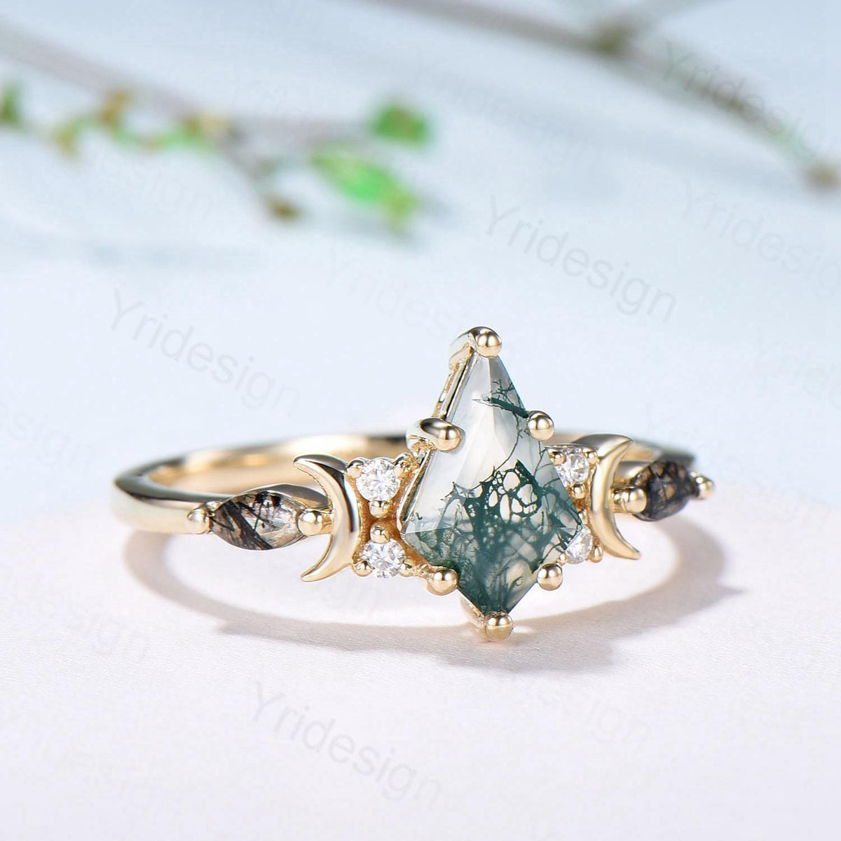 Yellow Gold Kite Cut Moss Agate Engagement Ring, Crescent Moon Star Marquise Black Rutilated Quartz Ring