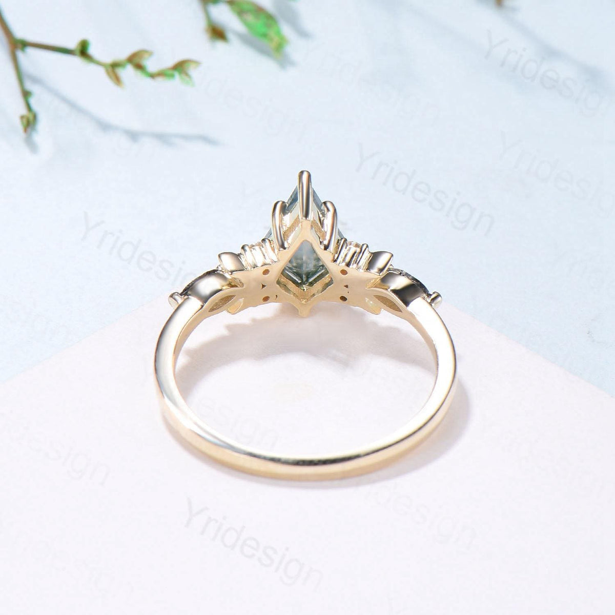 Yellow Gold Kite Cut Moss Agate Engagement Ring, Crescent Moon Star Marquise Black Rutilated Quartz Ring