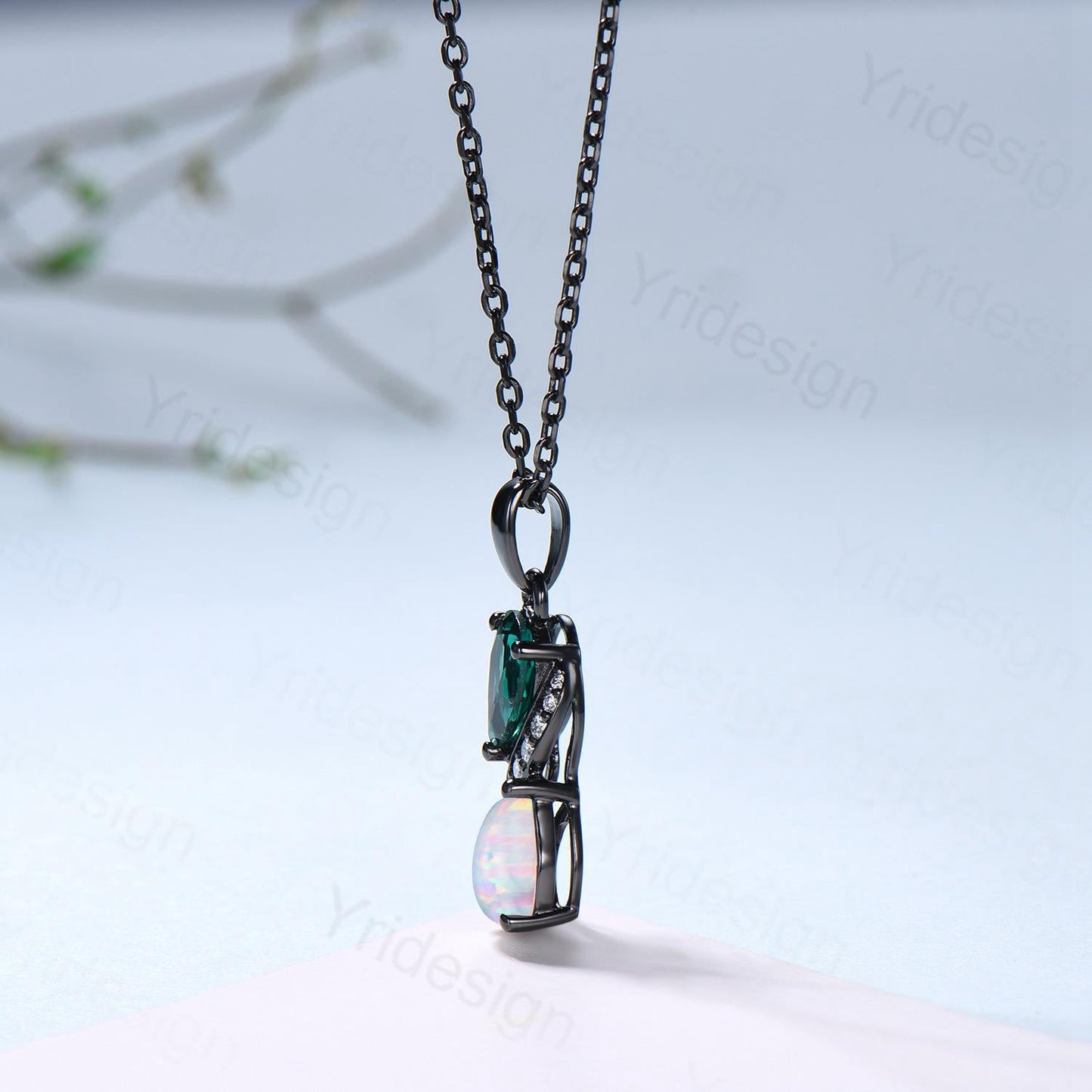 Blace Gold Pear Shaped Opal Emerald Necklace, Moissanite Diamond Accent, Snake Pendant