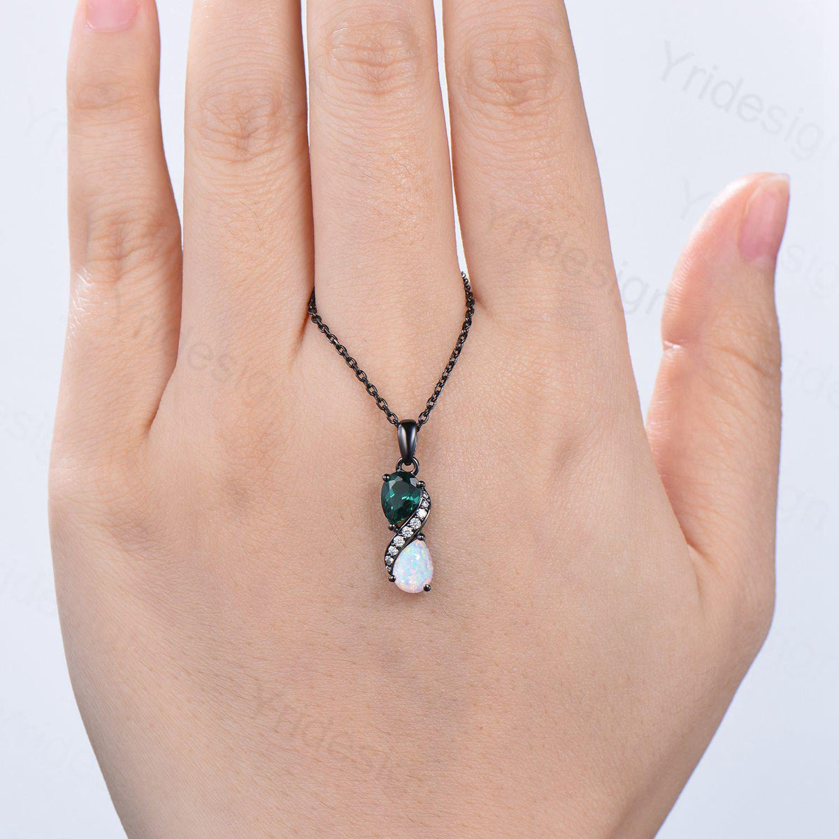 Blace Gold Pear Shaped Opal Emerald Necklace, Moissanite Diamond Accent, Snake Pendant