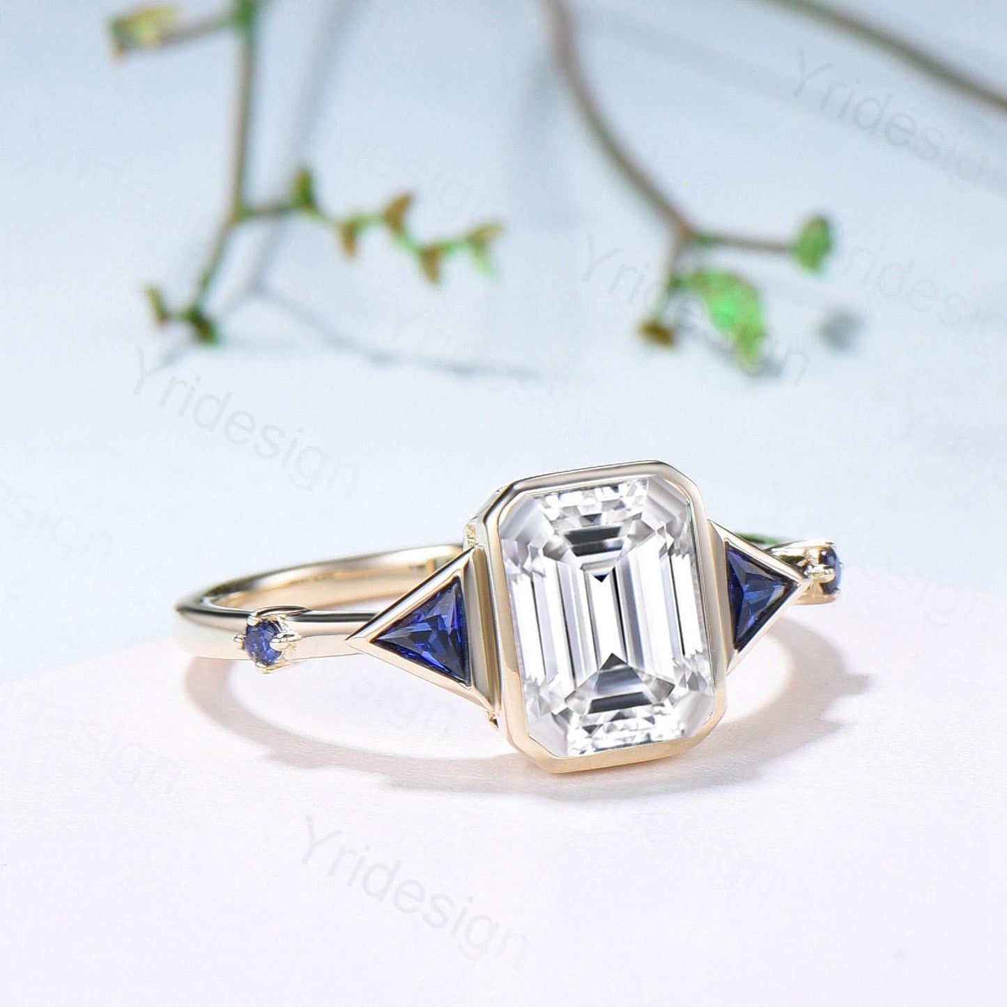 Emerald Cut Moissanite Engagement Ring, Five Stone Trillion Blue Sapphire Accents