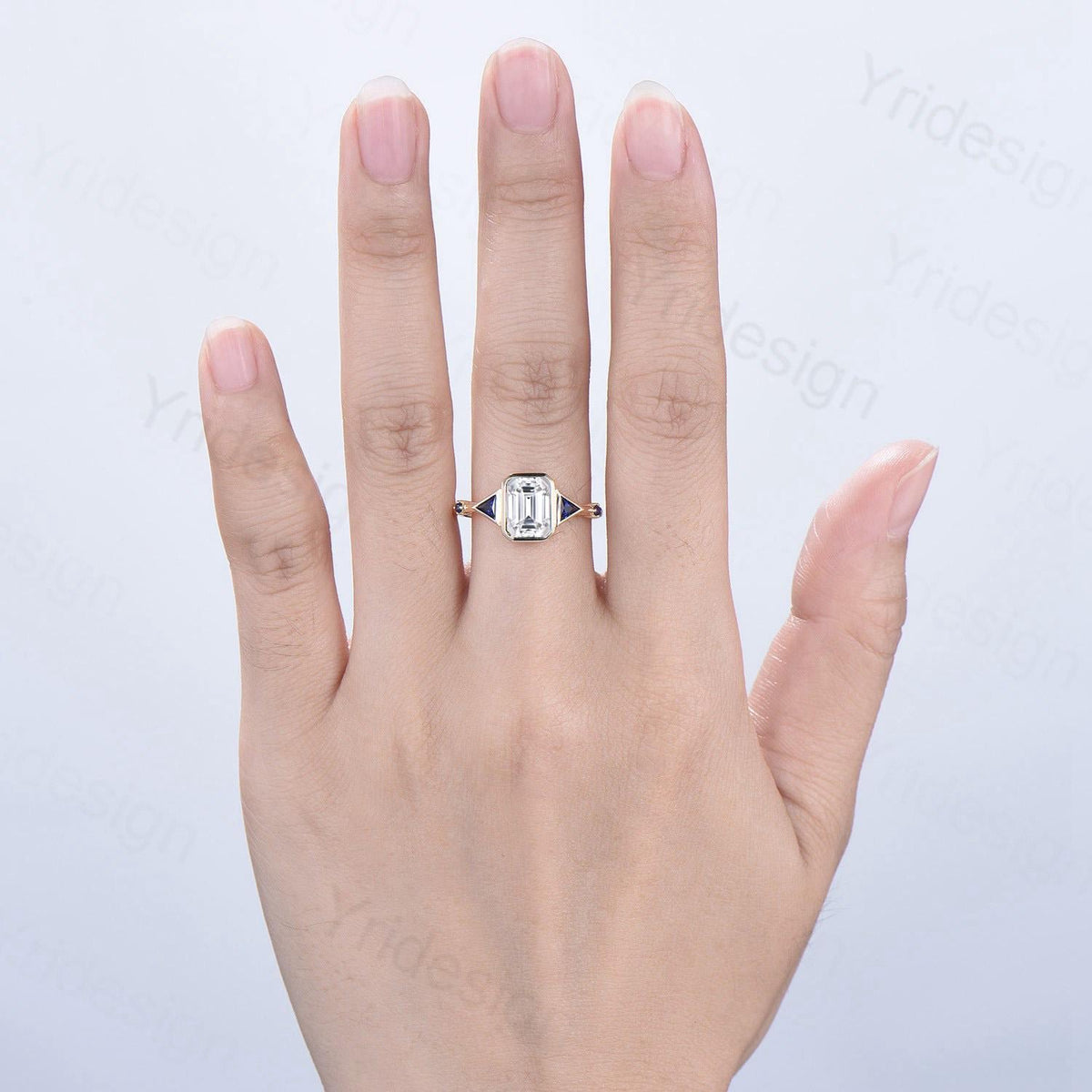 Emerald Cut Moissanite Engagement Ring, Five Stone Trillion Blue Sapphire Accents