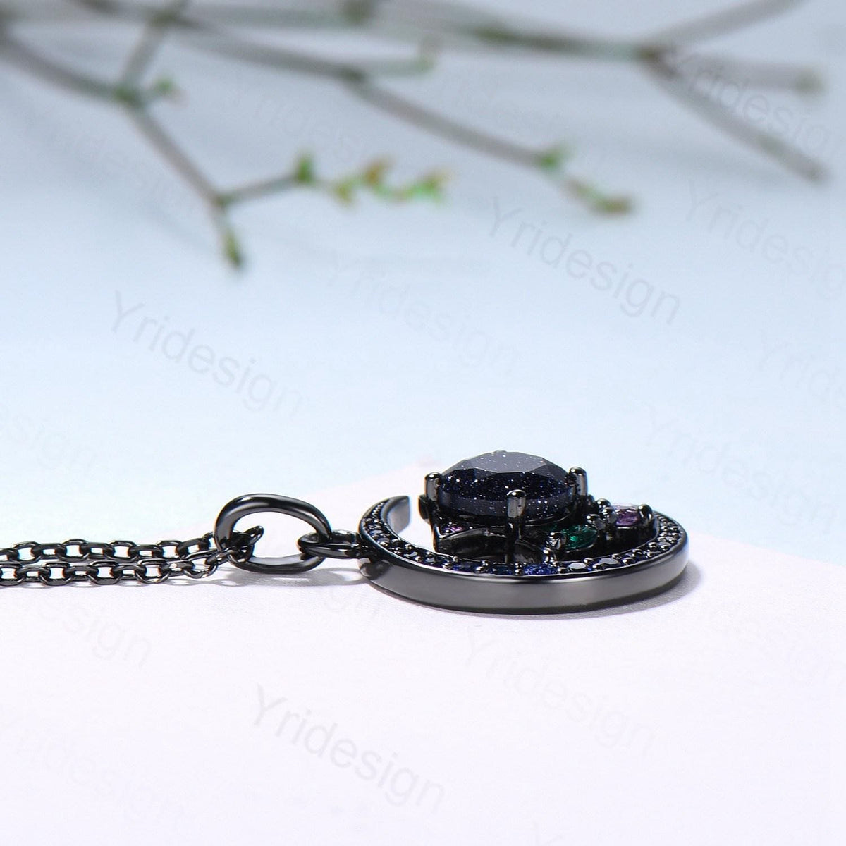 Unique Black Gold Alexandrite Necklace Magic Crescent Moon Devil Pendant Necklace Sapphire Emerald Gothic Anniversary Gift for Daughter