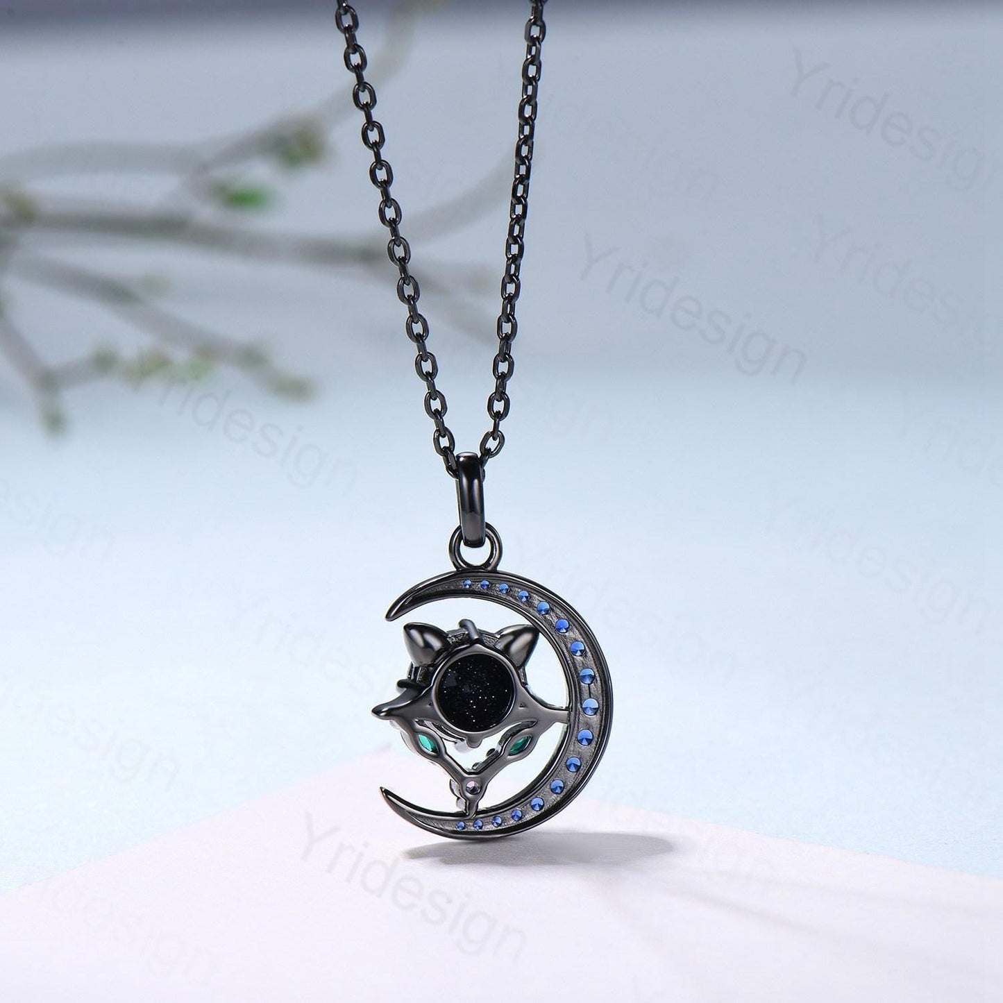 Unique Black Gold Alexandrite Necklace Magic Crescent Moon Devil Pendant Necklace Sapphire Emerald Gothic Anniversary Gift for Daughter