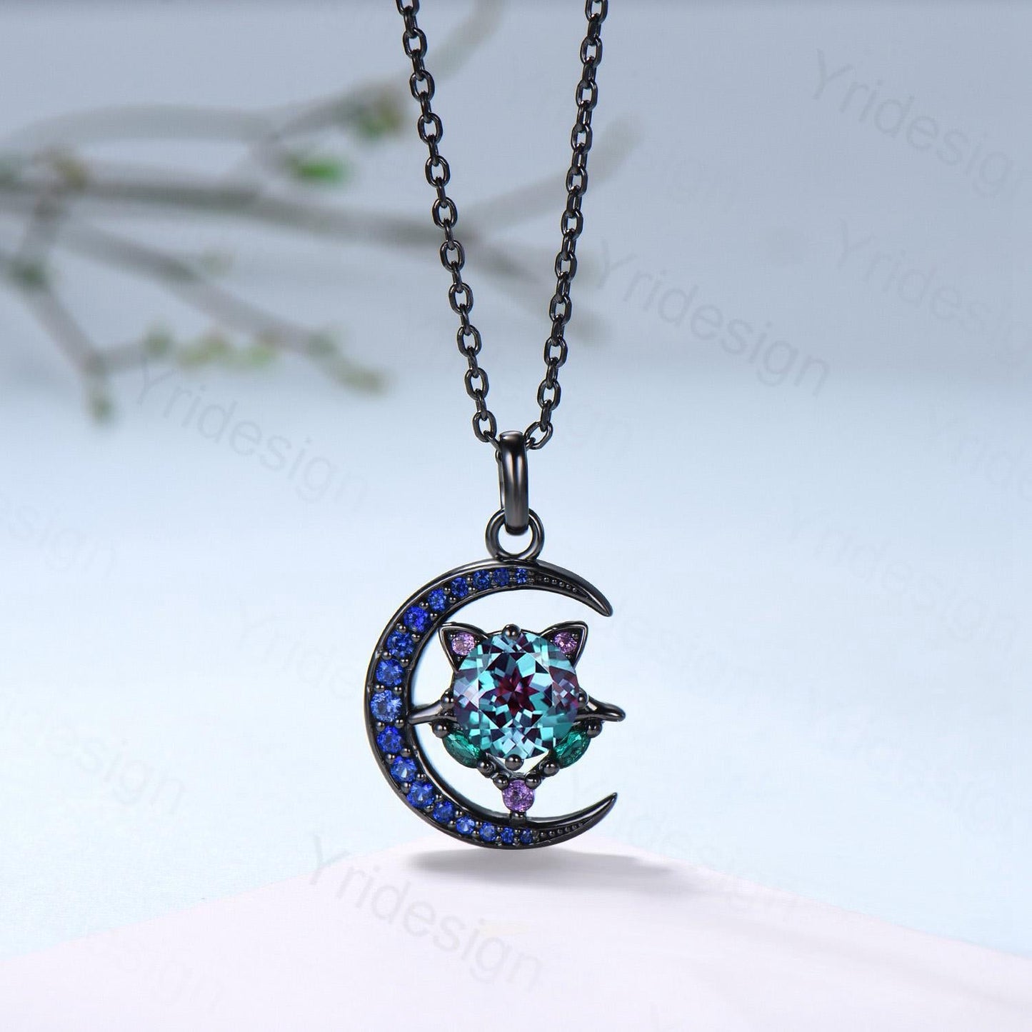 Unique Black Gold Alexandrite Necklace Magic Crescent Moon Devil Pendant Necklace Sapphire Emerald Gothic Anniversary Gift for Daughter