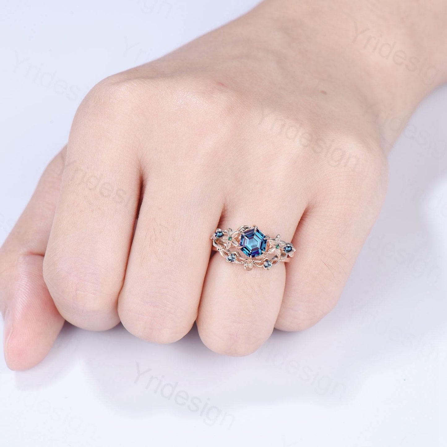 Color-Change Alexandrite Engagement Ring | Enchanted Floral Vine Wrap Ring Accent Emerald | Rose Gold Hexagon Gem June Birthstone Bridla Set