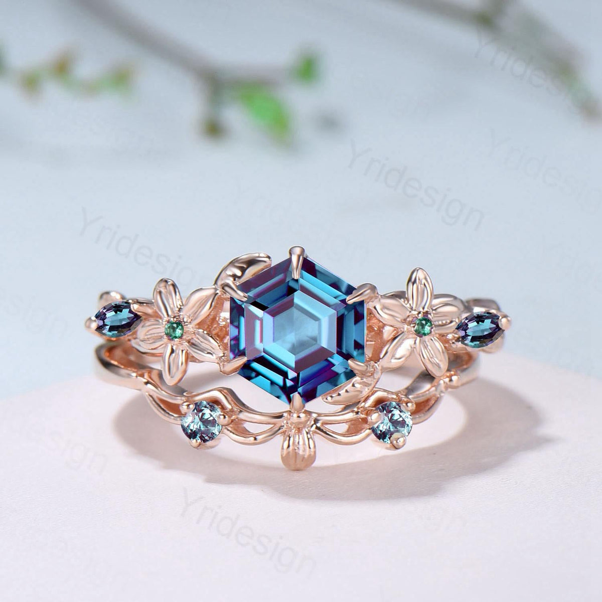 Color-Change Alexandrite Engagement Ring | Enchanted Floral Vine Wrap Ring Accent Emerald | Rose Gold Hexagon Gem June Birthstone Bridla Set