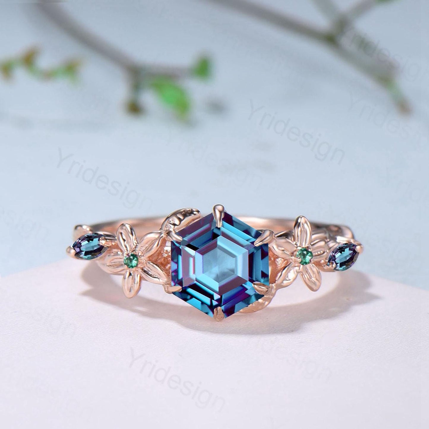 Color-Change Alexandrite Engagement Ring | Enchanted Floral Vine Wrap Ring Accent Emerald | Rose Gold Hexagon Gem June Birthstone Bridla Set