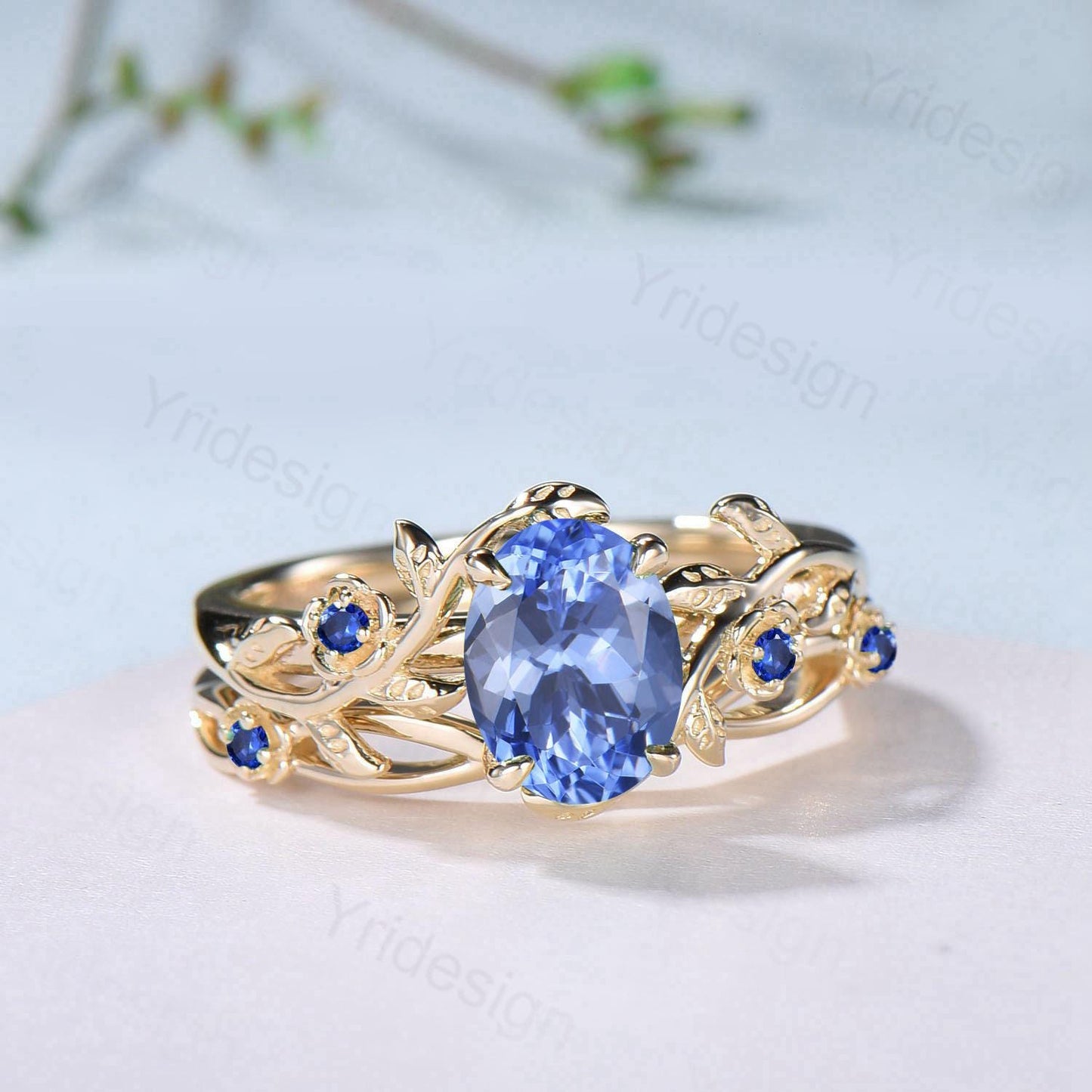Floral Oval Natural Tanzanite Engagement Ring Set, Yellow Gold Nature Inspired Twig Vine Blue Sapphire Wedding Set