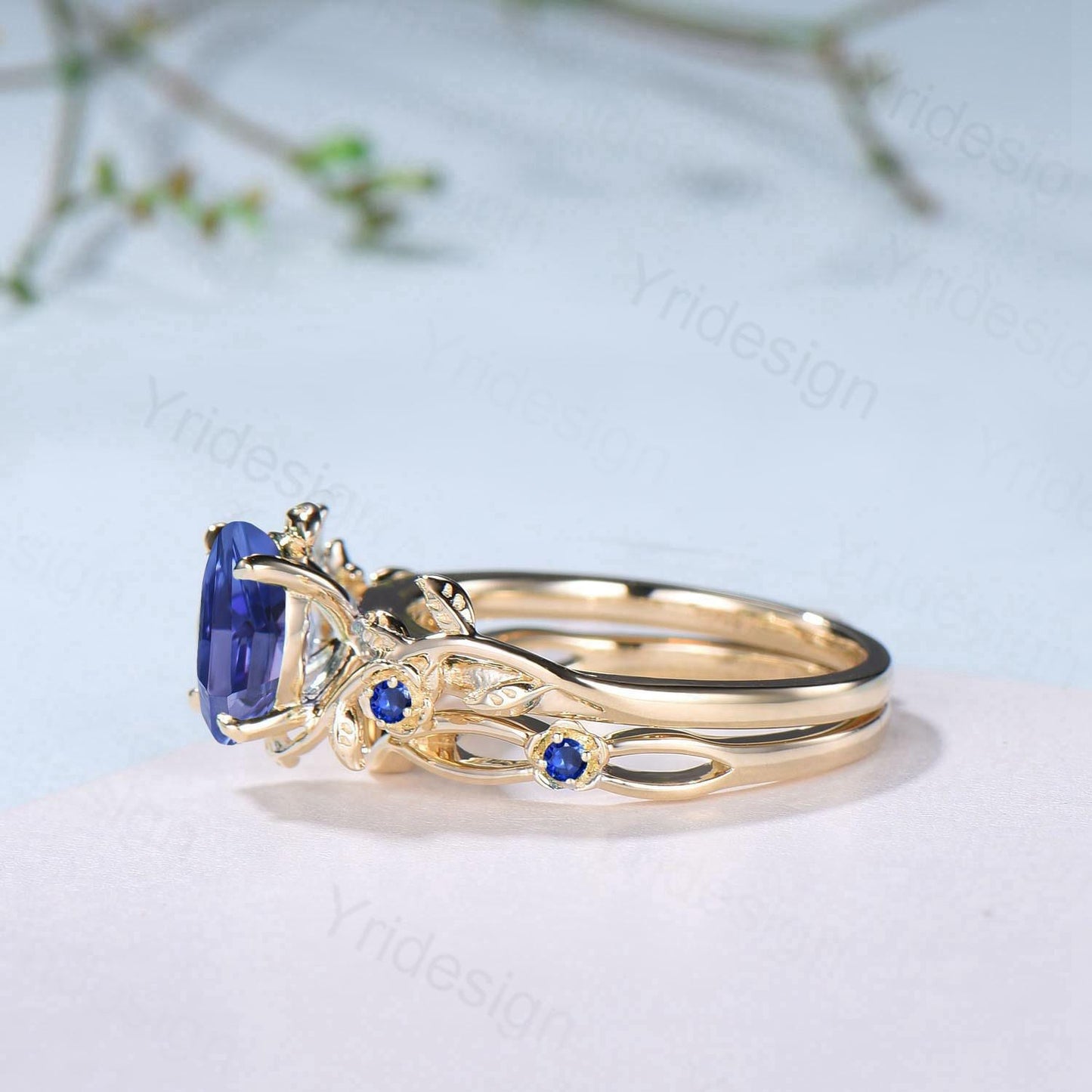 Floral Oval Natural Tanzanite Engagement Ring Set, Yellow Gold Nature Inspired Twig Vine Blue Sapphire Wedding Set