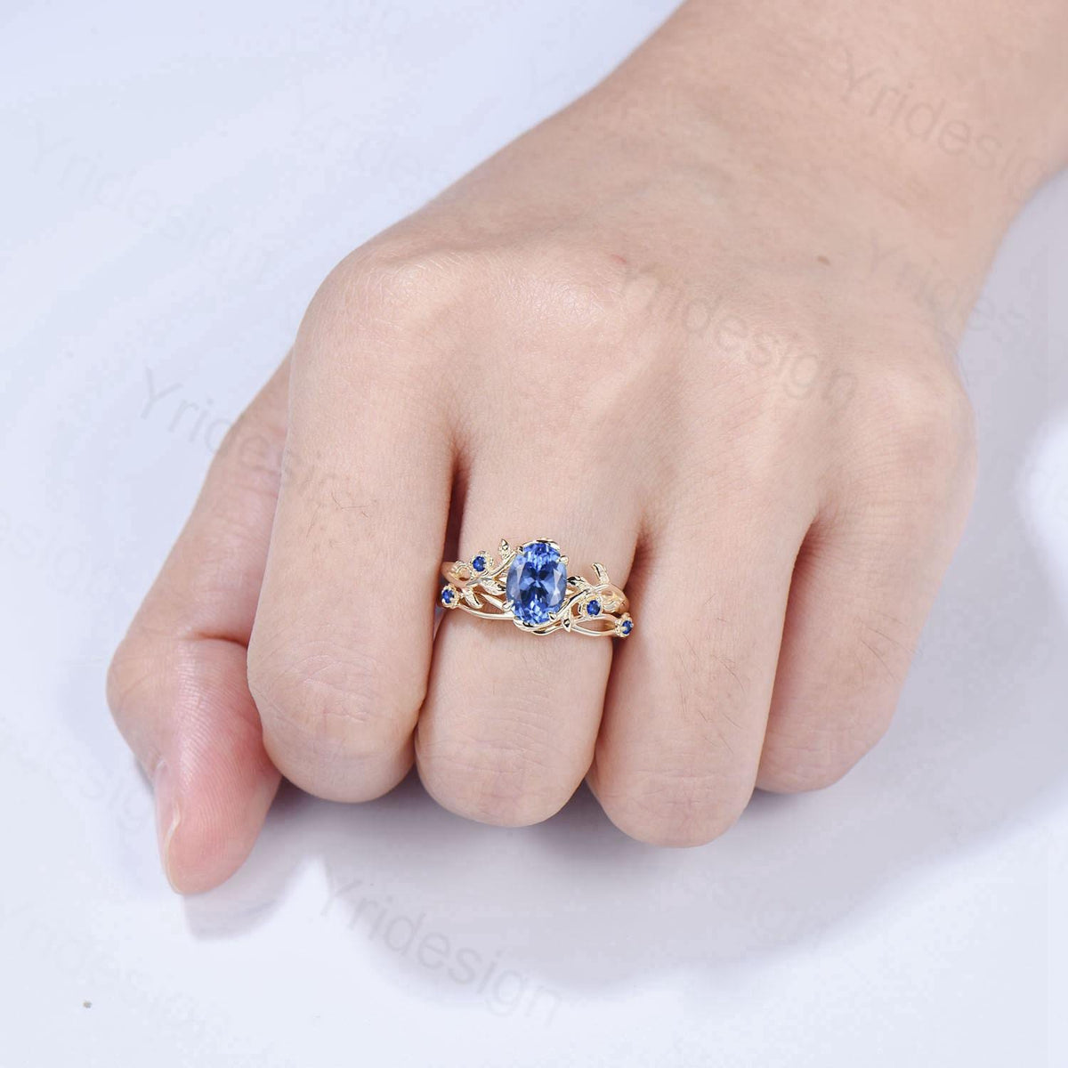 Floral Oval Natural Tanzanite Engagement Ring Set, Yellow Gold Nature Inspired Twig Vine Blue Sapphire Wedding Set