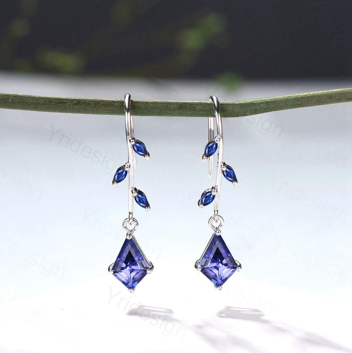 Tanzanite Vine Drop Earrings - Kite Cut Leaf Dangle Blue Sapphire Earrings, December Birthstone Gift