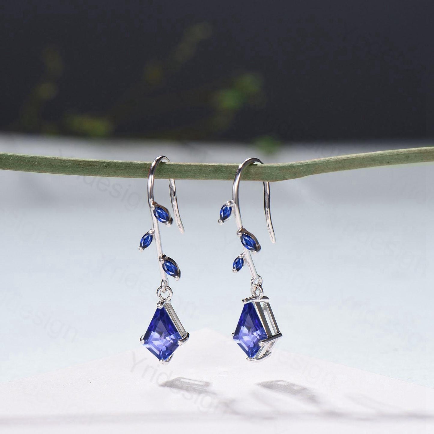 Tanzanite Vine Drop Earrings - Kite Cut Leaf Dangle Blue Sapphire Earrings, December Birthstone Gift
