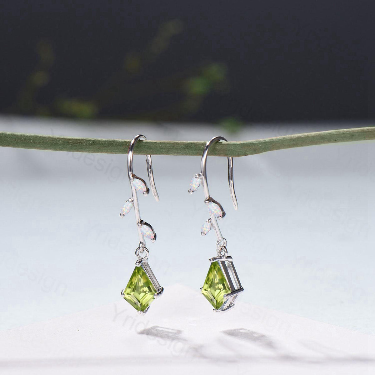 Elegant Kite Cut Peridot Drop Earrings, Branch Marquise White Opal Pinwheel Studs