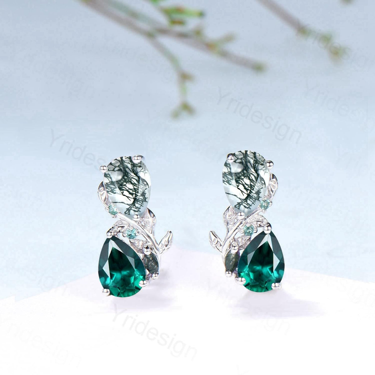 Moss Agate & Emerald Sterling Silver Earrings Leaf Vine Twig Studs