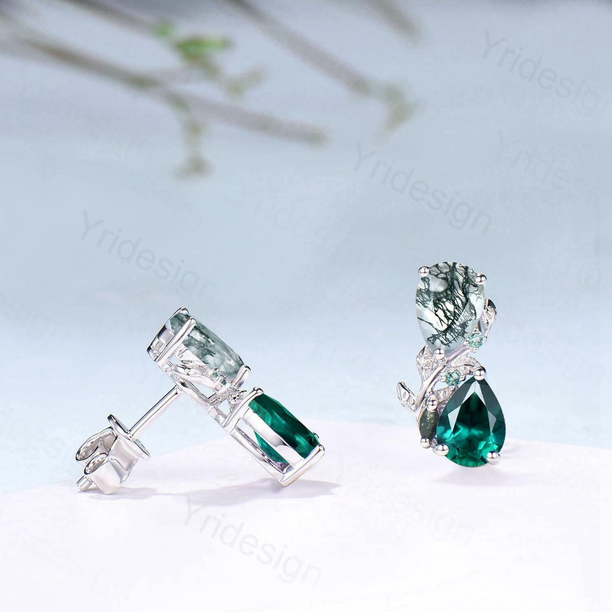 Moss Agate & Emerald Sterling Silver Earrings Leaf Vine Twig Studs