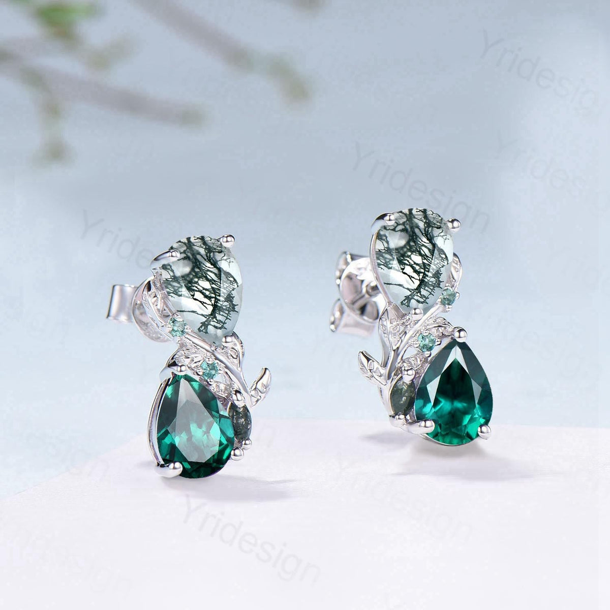Moss Agate & Emerald Sterling Silver Earrings Leaf Vine Twig Studs