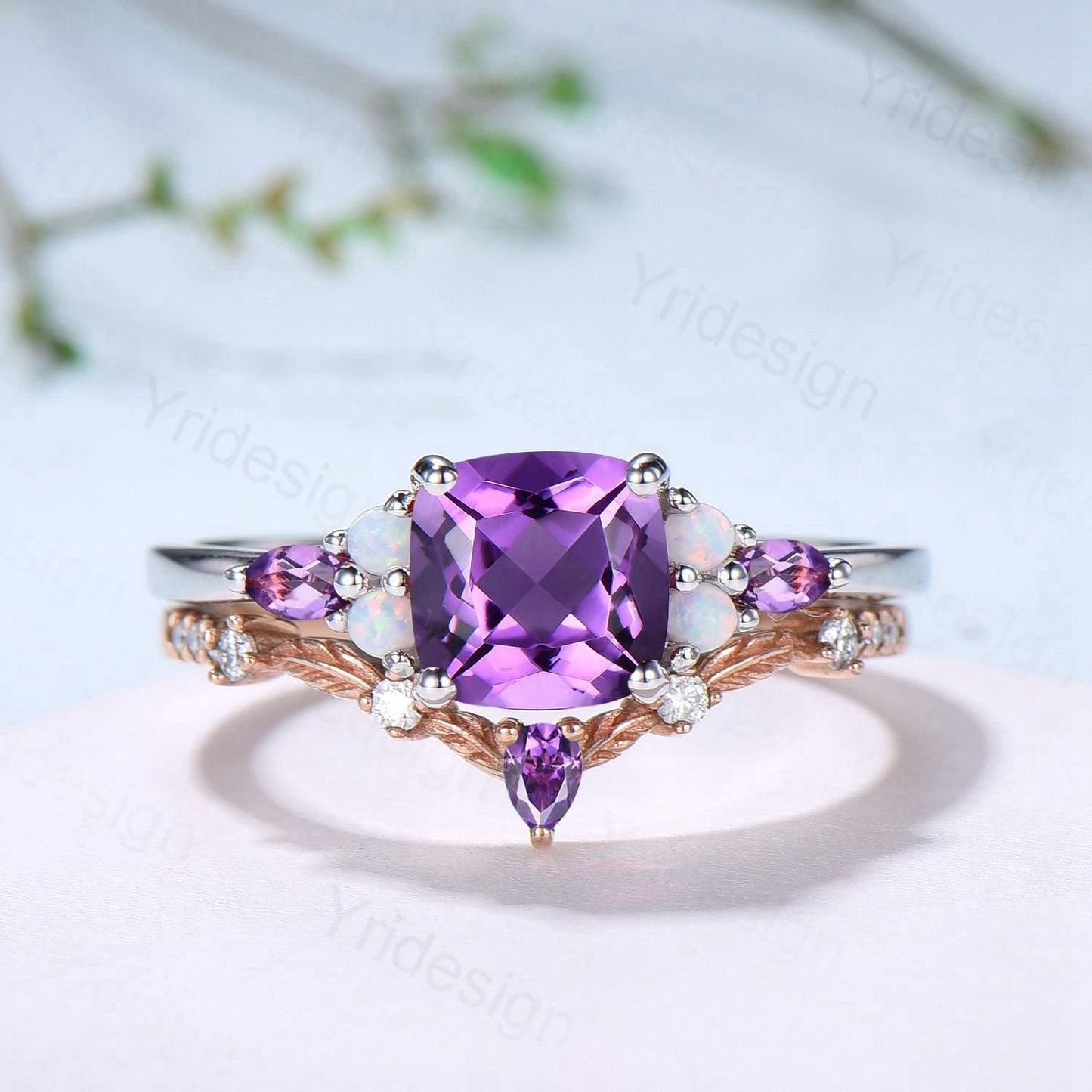Vintage Cushion Amethyst Engagement Ring Set, Opal Leaf Vine Band