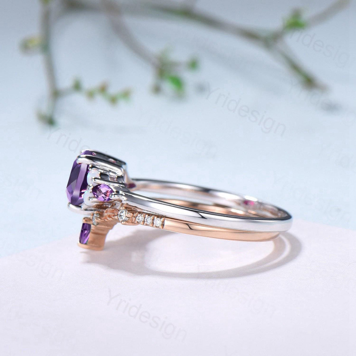 Vintage Cushion Amethyst Engagement Ring Set, Opal Leaf Vine Band