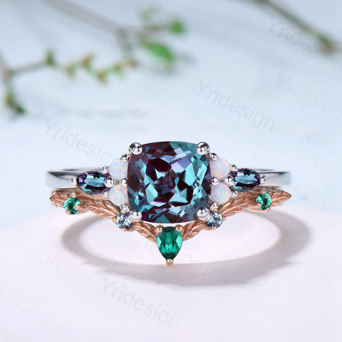 Vintage Cushion Alexandrite Enaggement Ring Set, Cluster Opal Marquise Alexandrite Wedding Set, Emerald Stacking Band