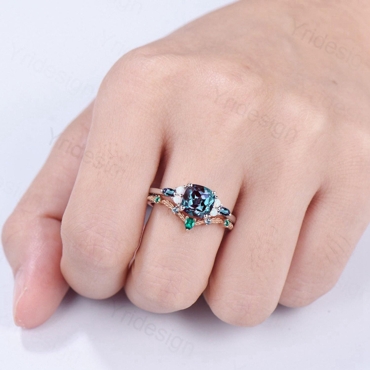 Vintage Cushion Alexandrite Enaggement Ring Set, Cluster Opal Marquise Alexandrite Wedding Set, Emerald Stacking Band