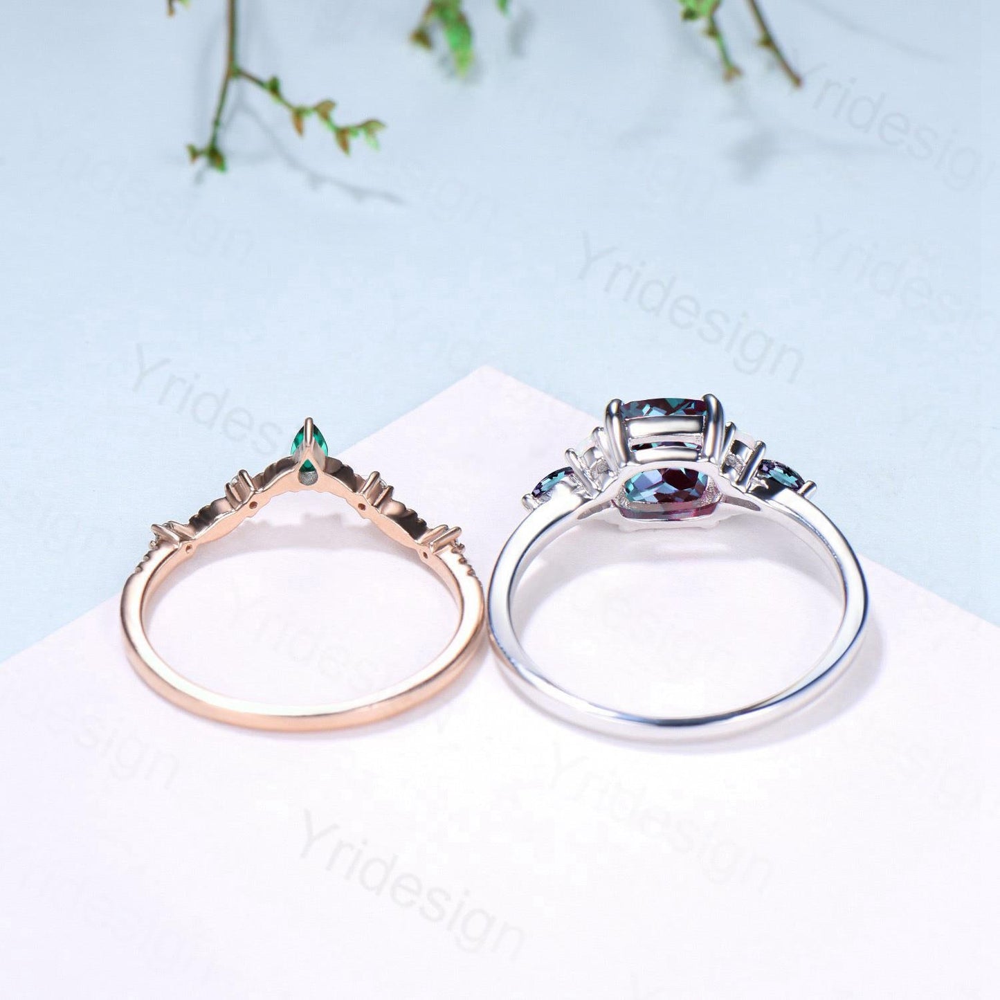 Vintage Cushion Alexandrite Enaggement Ring Set, Cluster Opal Marquise Alexandrite Wedding Set, Emerald Stacking Band