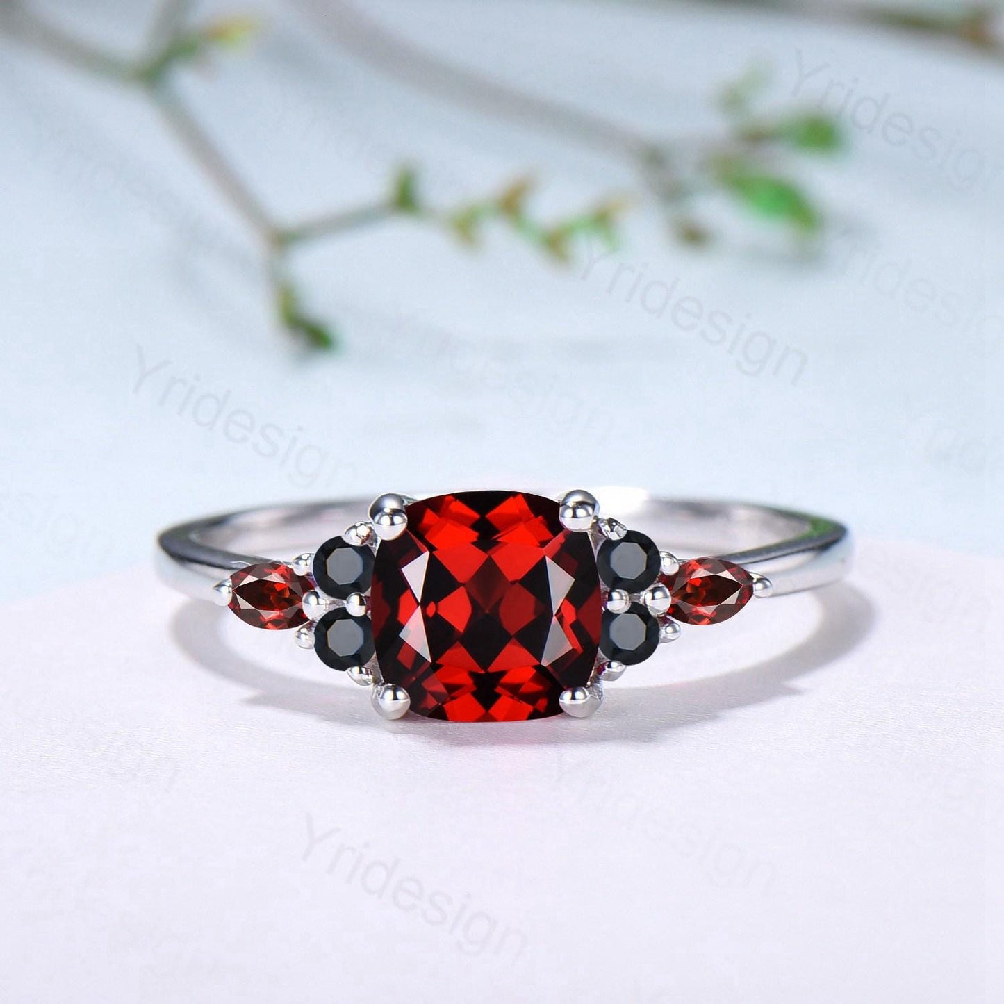 Cushion Garnet Statement Ring, Black Spinel Accent, 14K Gold