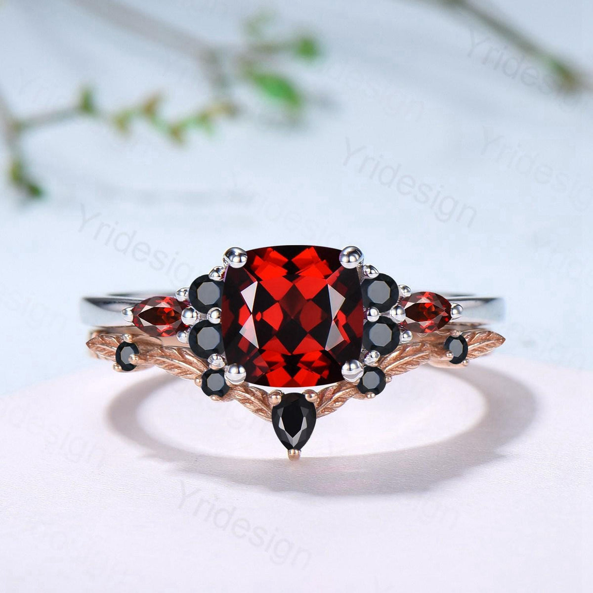 Cushion Garnet Statement Ring, Black Spinel Accent, 14K Gold