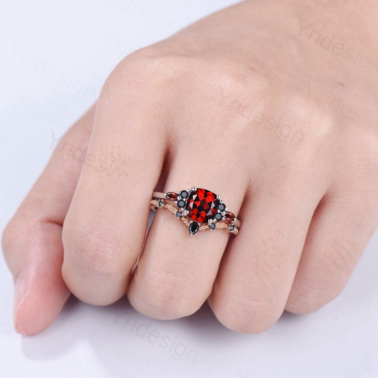 Cushion Garnet Statement Ring, Black Spinel Accent, 14K Gold
