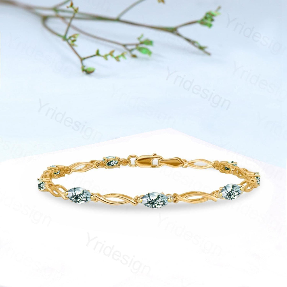 Enchanted Moss Agate Bracelet - Gold Twisted Vine Link Bracelet with Dendritic Gemstones, Nature-Inspired Boho Jewelry
