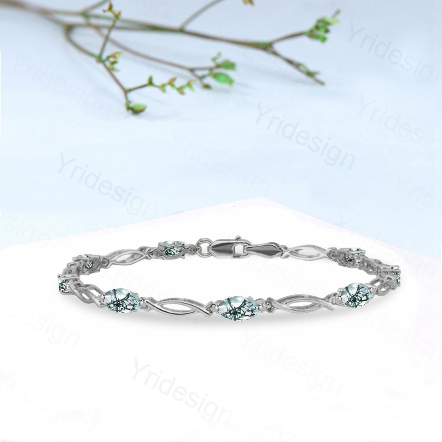 Enchanted Moss Agate Bracelet - Gold Twisted Vine Link Bracelet with Dendritic Gemstones, Nature-Inspired Boho Jewelry